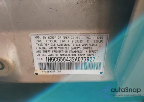 2002 Honda Accord 2.3 Lx z USA, uszkodzony, nr VIN 1HGCG56432A073927